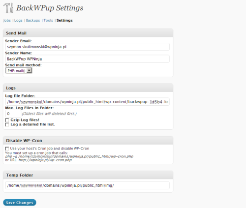 BackWPup - zakładka Settings